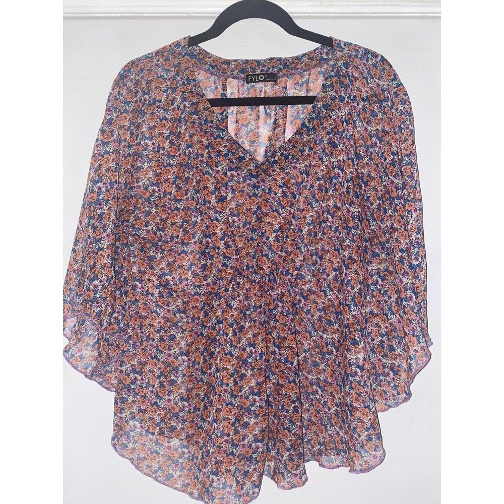 FYLO Sheer Butterfly Sleeve Blue Orange Womens Top Size M Sheer